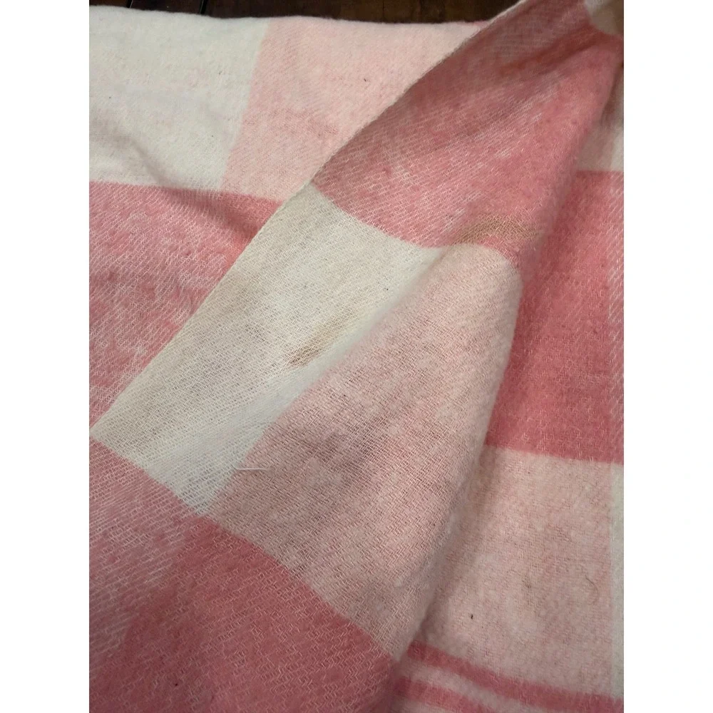 Vintage Camp Blanket Unisex OS Pink Buffalo Check Wool Satin Trim Cabin Core